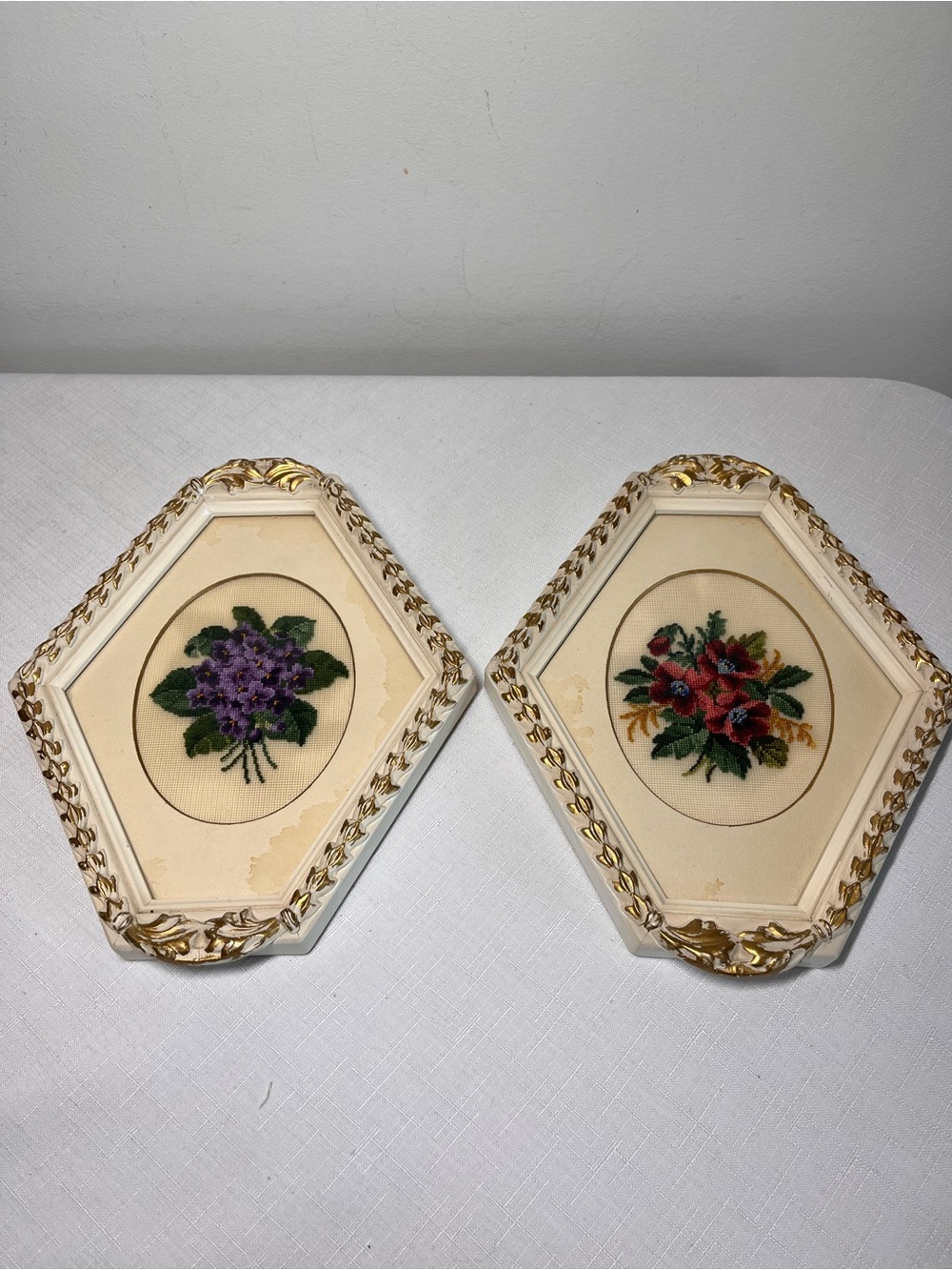 Vintage Floral Embroidered Hexagon Wall pictures - pro framing. Petit point.